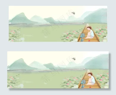 夏季小暑手绘河塘吹风扇banner 夏季小暑手绘河塘吹风扇banner