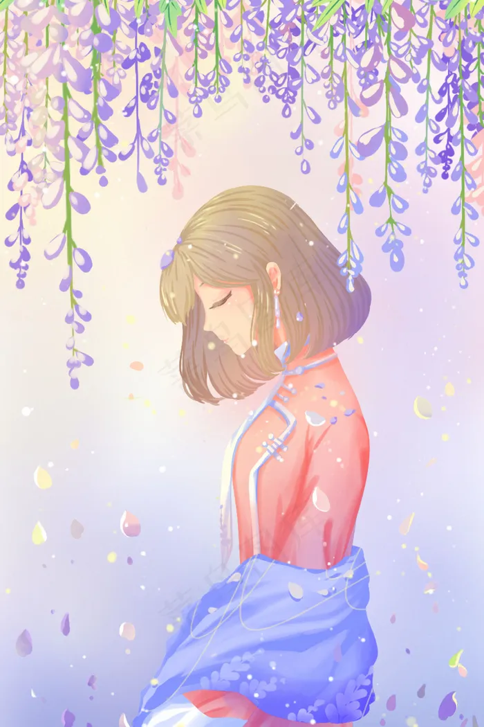 紫色唯美卡通治愈小清新紫藤花雨春季春配图