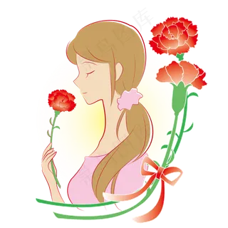 母亲节彩色手绘卡通手拿鲜花的妈