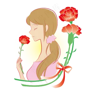 母亲节彩色手绘卡通手拿鲜花的妈