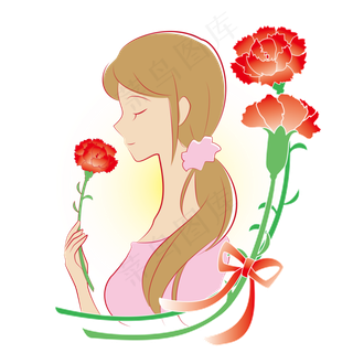 母亲节彩色手绘卡通手拿鲜花的妈