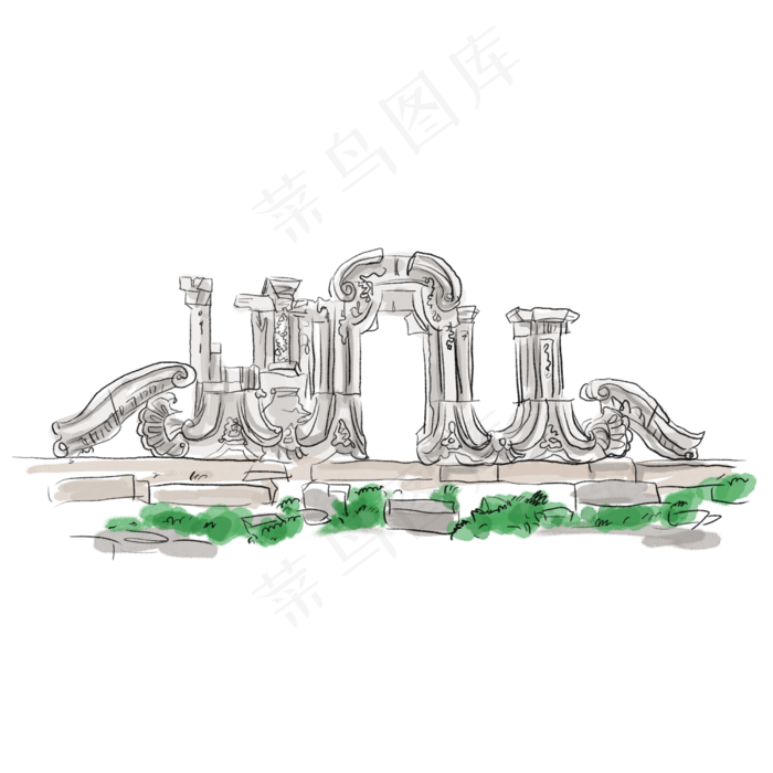 圆明园水彩建筑插画