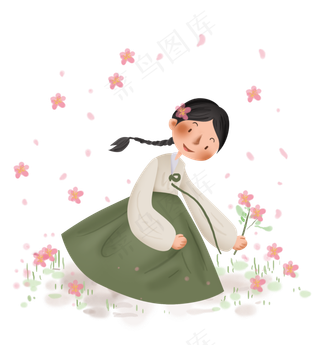 春天踏青采花的韩国少女