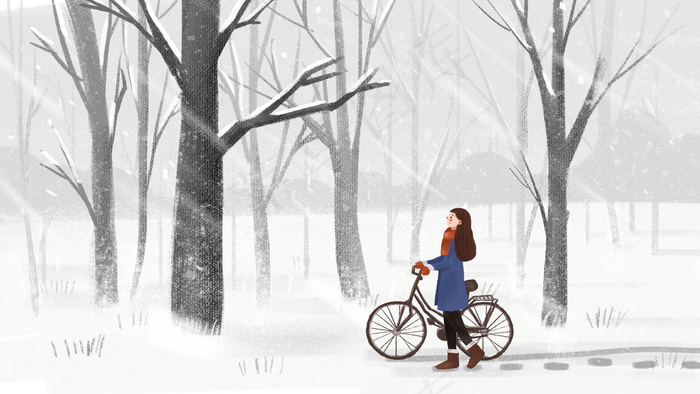 冬天景色大雪树林女孩牵自行车简约手绘横图(2880X1620(DPI:300))psd模版下载