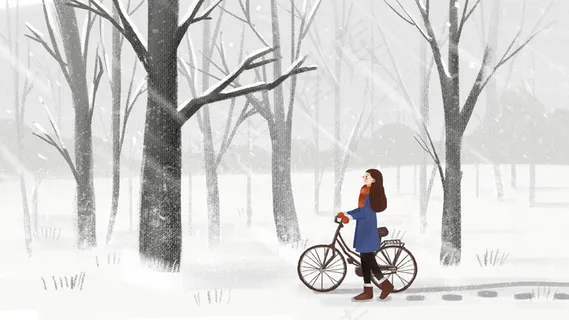 冬天景色大雪树林女孩牵自行车简约手绘横图 冬天景色大雪树林女孩牵自行车简约手绘横图