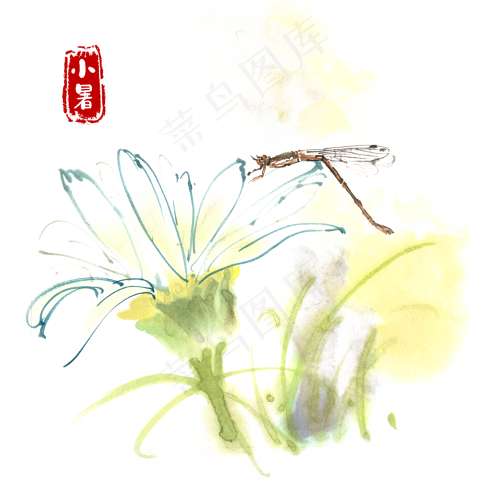 小暑花瓣上的豆娘水墨画(4724X4724(DPI:300))psd模版下载