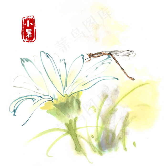 小暑花瓣上的豆娘水墨画(4724X4724(DPI:300))psd模版下载