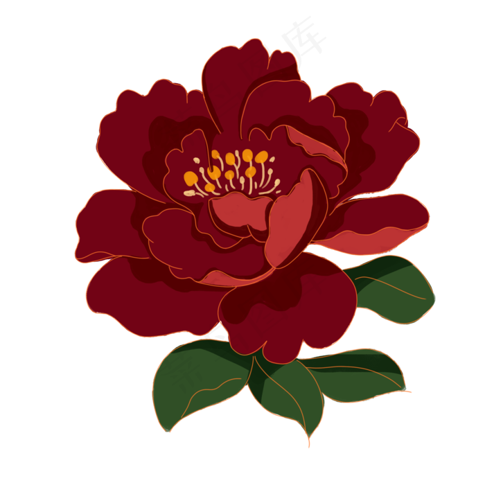中秋节复古梅红色金边牡丹花,免抠元素(2000*2000px 300 dpi )psd模版下载