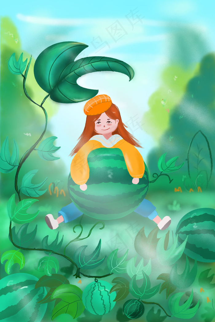夏季 插画 立夏 摘西瓜