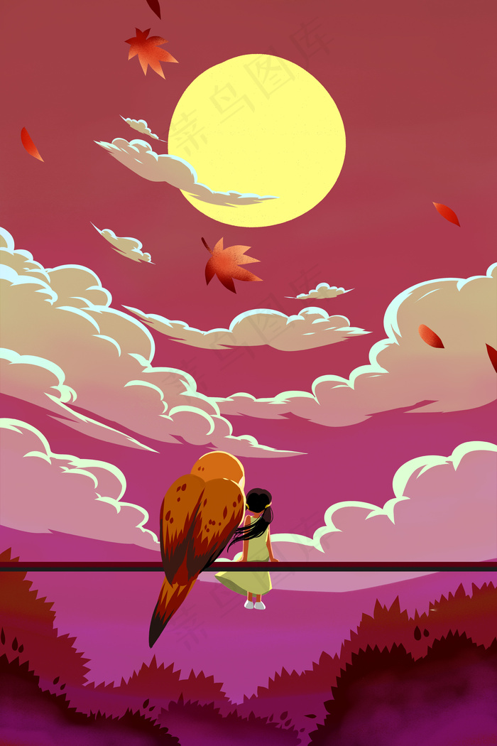 红色系卡通手绘风立秋小鸟配图