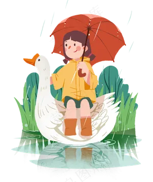 下雨天坐大白鹅的小姑娘,免抠元素