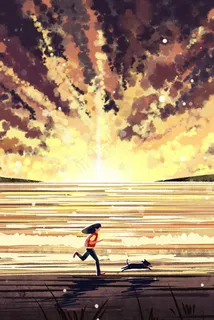 夏日夕阳西下海边奔跑治愈系天空