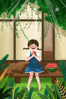 夏天夏季女孩吃西瓜夏日初夏夏至大暑节气