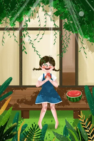 夏天夏季女孩吃西瓜夏日初夏夏至大暑节气