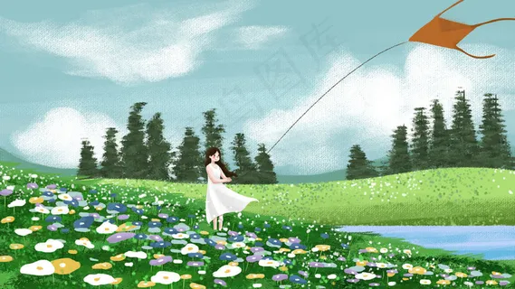 花海春天女孩放风筝小清新花朵草原唯美治愈
