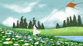 花海春天女孩放风筝小清新花朵草原唯美治愈