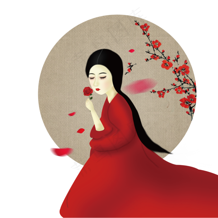 红色古风女子插画