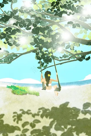 晴天海边荡秋千度假插图