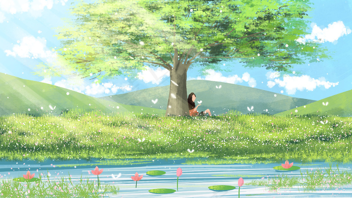 夏日夏天树下河边小伙伴风景(2880*1620px 300 dpi )psd模版下载