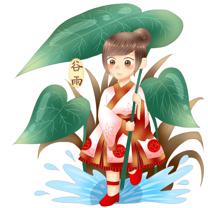 谷雨拿着叶子的小女孩