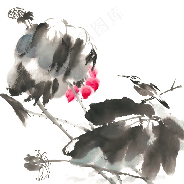 荷花与小鸟水墨画PNG免抠素材(4724X4724(DPI:300))psd模版下载