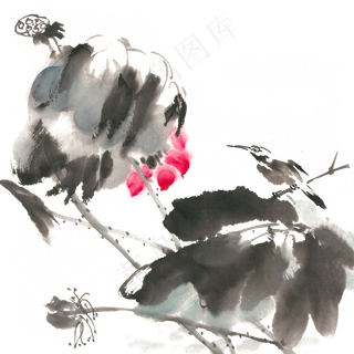 荷花与小鸟水墨画PNG免抠素材