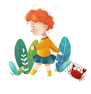 抓螃蟹的卡通可爱红发女生手绘插,免抠元素