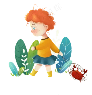 抓螃蟹的卡通可爱红发女生手绘插,免抠元素