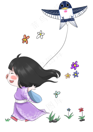 春分放风筝的小女孩,免抠元素