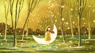 夜晚女孩拉小提琴治愈系意境风景