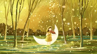 夜晚女孩拉小提琴治愈系意境风景