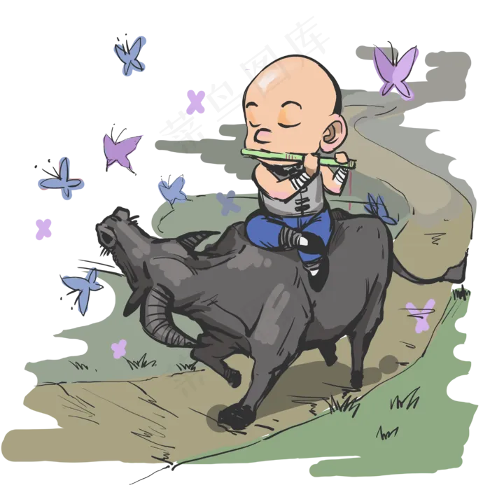 清明节古装吹牧笛的放牛娃,免抠元素(3000X3000(DPI:300))psd模版下载