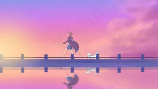 元气少女傍晚遛狗暖色清新风