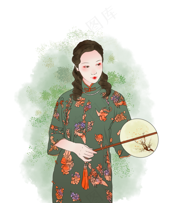 复古民国美女小家碧玉旗袍摇扇,免抠元素(3000*3500px 300 dpi )psd模版下载