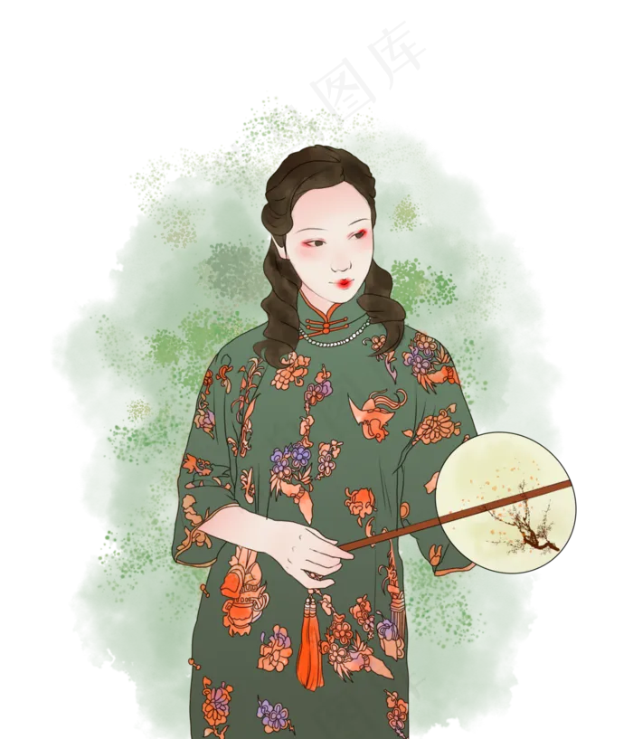 复古民国美女小家碧玉旗袍摇扇,免抠元素(3000*3500px 300 dpi )psd模版下载