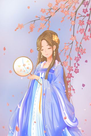 蓝色唯美卡通春季春天美丽少女古风配图