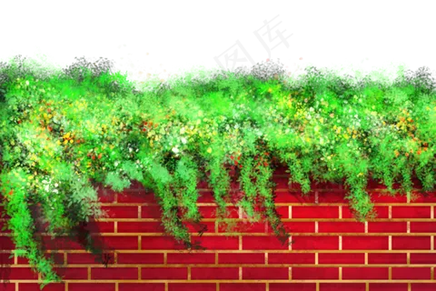 春天手绘仿真绿叶红墙