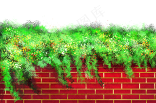 春天手绘仿真绿叶红墙