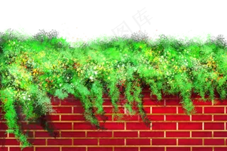 春天手绘仿真绿叶红墙