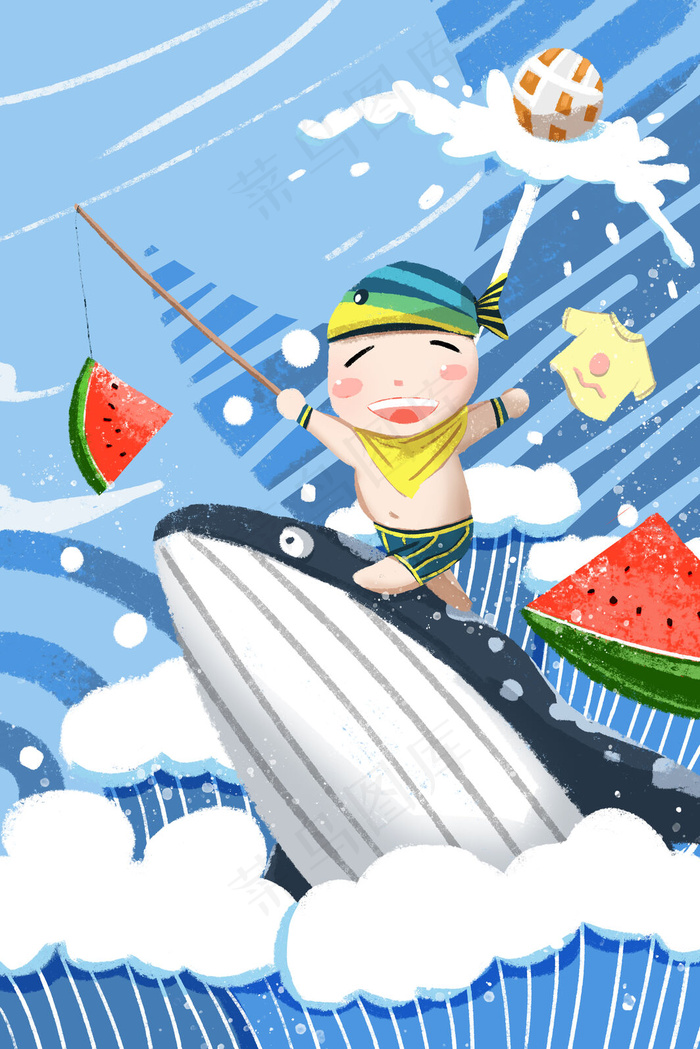 夏日狂欢大海冲浪西瓜鲸鱼