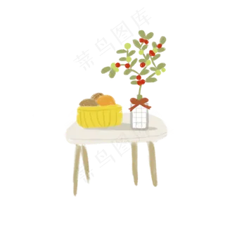 桌子上的果篮盆栽图案