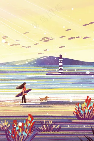 海边散步远景灯塔风景