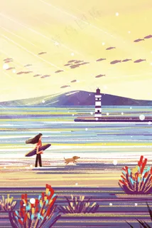 海边散步远景灯塔风景 海边散步远景灯塔风景
