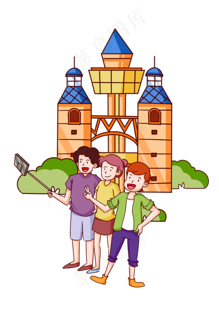 旅游打卡自拍留念人物插画,免抠元素