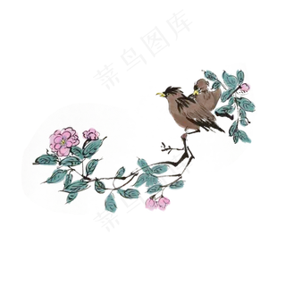 夏季水墨花鸟手绘素材,免抠元素