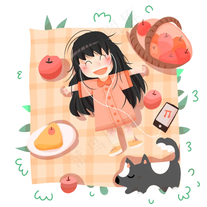 春分听音乐的小女孩,免抠元素(3000X3000(DPI:299))psd模版下载