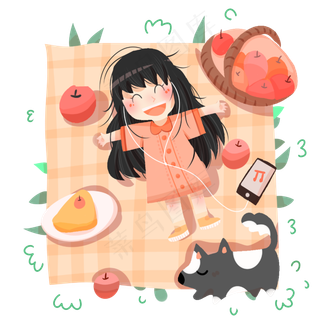 春分听音乐的小女孩,免抠元素