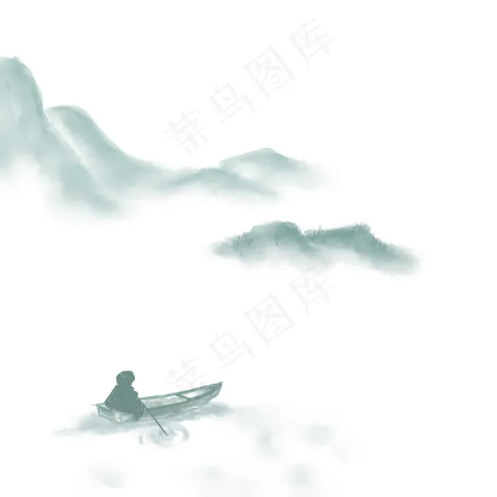 中国风山水水墨远山流水小船,免抠元素