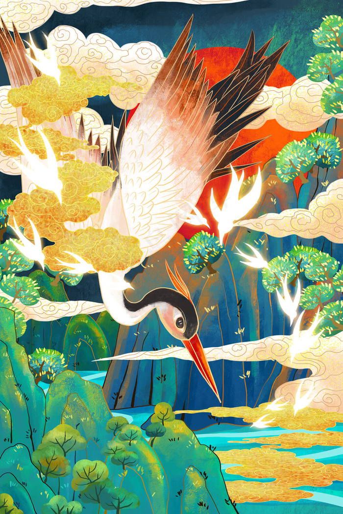 仙鹤飞翔国潮风图