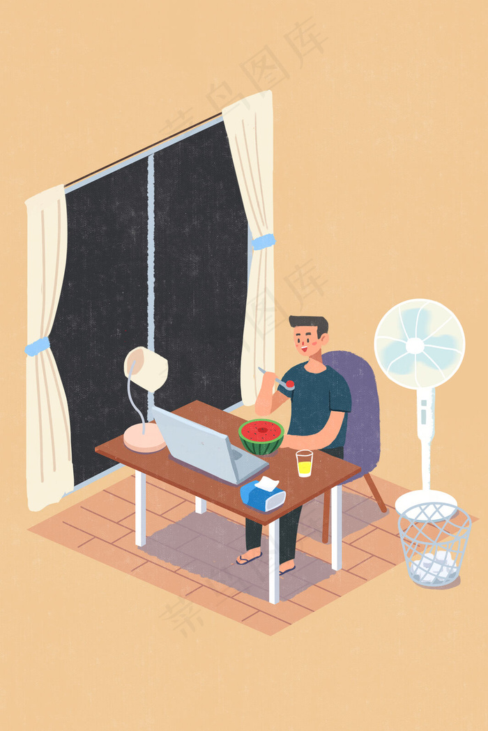 2.5d扁平风夏天室内吃西瓜(1800X2699(DPI:300))psd模版下载
